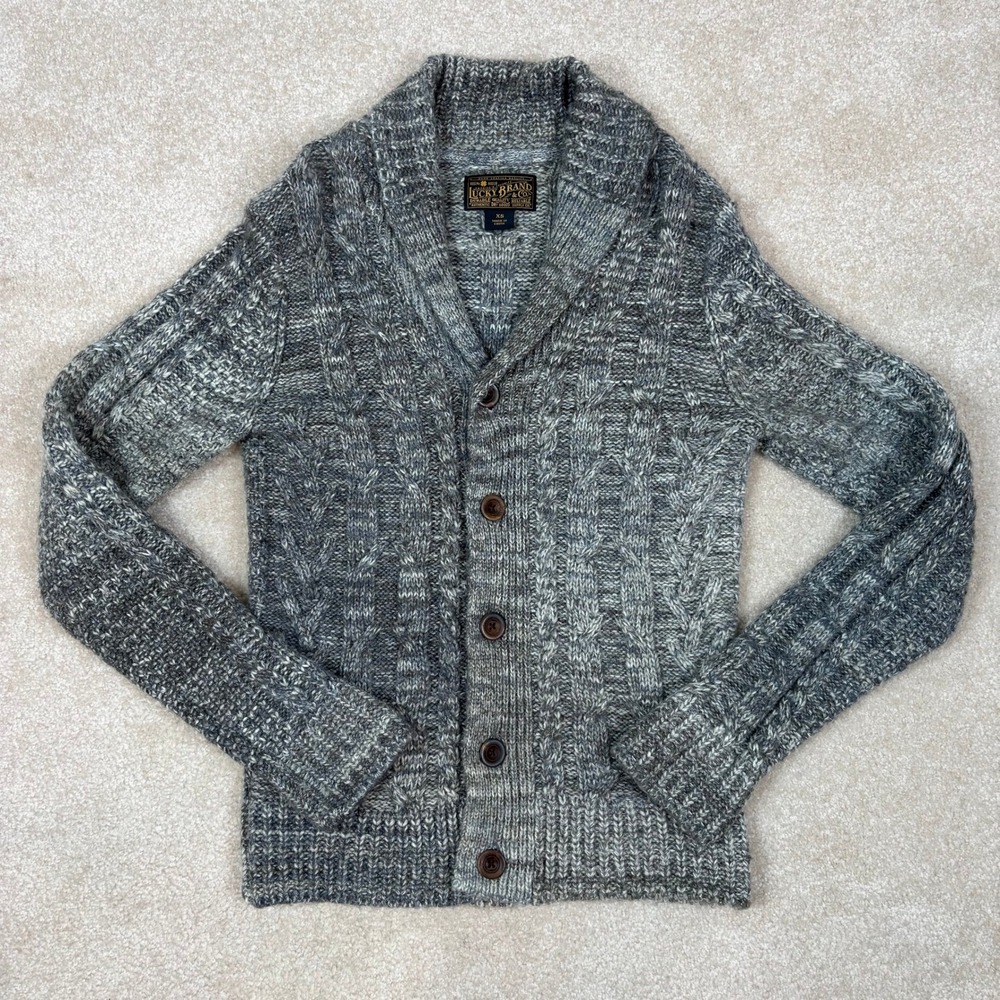 Lucky Brand Womens Grey Cable Knit Shawl Collar Wool Blend Cardigan Sweater XS
